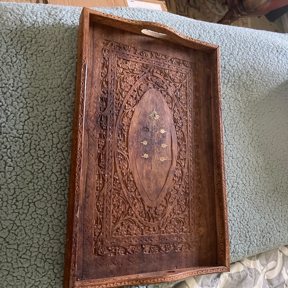 Vintage Antique Artisan Crafted Wood Tray Tongue n Groove Brass Inserts Beautifu